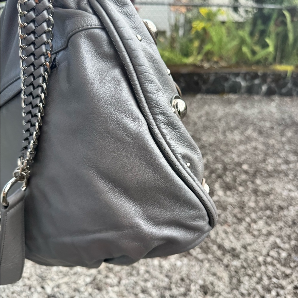 Sharif Gray Leather Studded Hobo Shoulder Bag with Chain Strap & Tassel - Picture 13 of 16